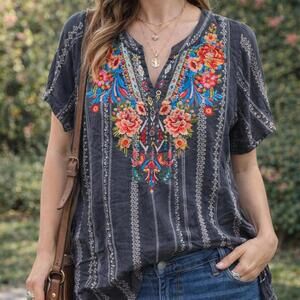 Savanna Jane Charcoal Embroidered Floral Boho Top - Size L